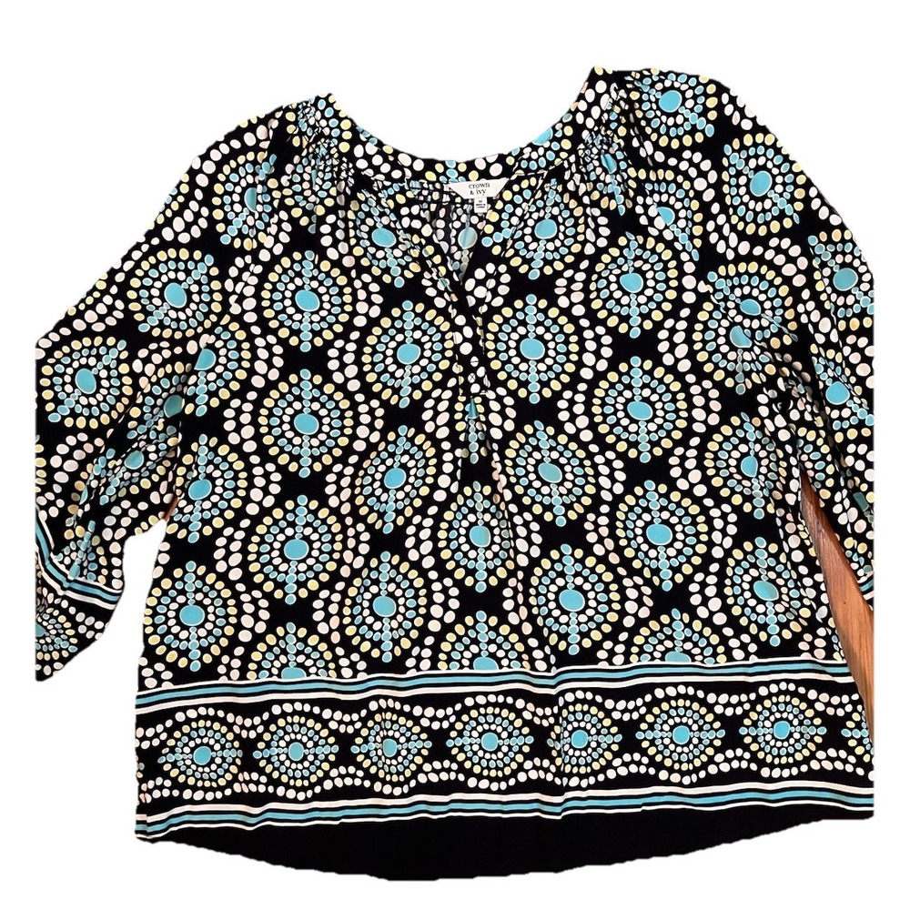Crown Ivy Women's Shirt Sz M ‎ Blouse  Black POLKADOT V-Neck